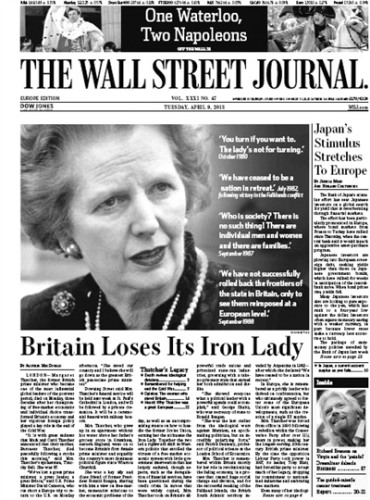 《華爾街日報》歐洲版頭版有關(guān)撒切爾離世報道 《華爾街日報》歐洲版頭版有關(guān)撒切爾離世報道